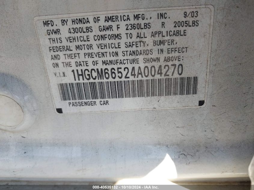 1HGCM66524A004270 2004 Honda Accord 3.0 Ex