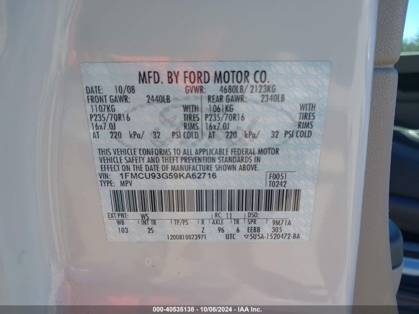 2009 Ford Escape Xlt VIN: 1FMCU93G59KA62716 Lot: 40535138