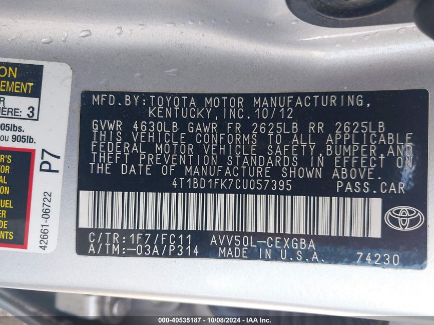 4T1BD1FK7C4057395 2012 Toyota Camry Hybrid/Le/Xle