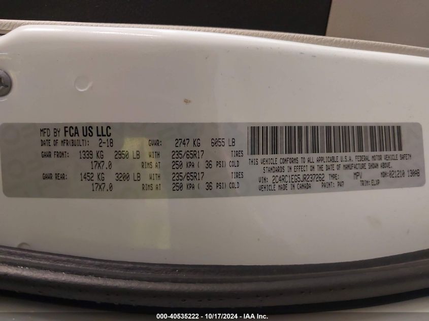 2018 Chrysler Pacifica Touring L Plus VIN: 2C4RC1EG5JR237262 Lot: 40535222