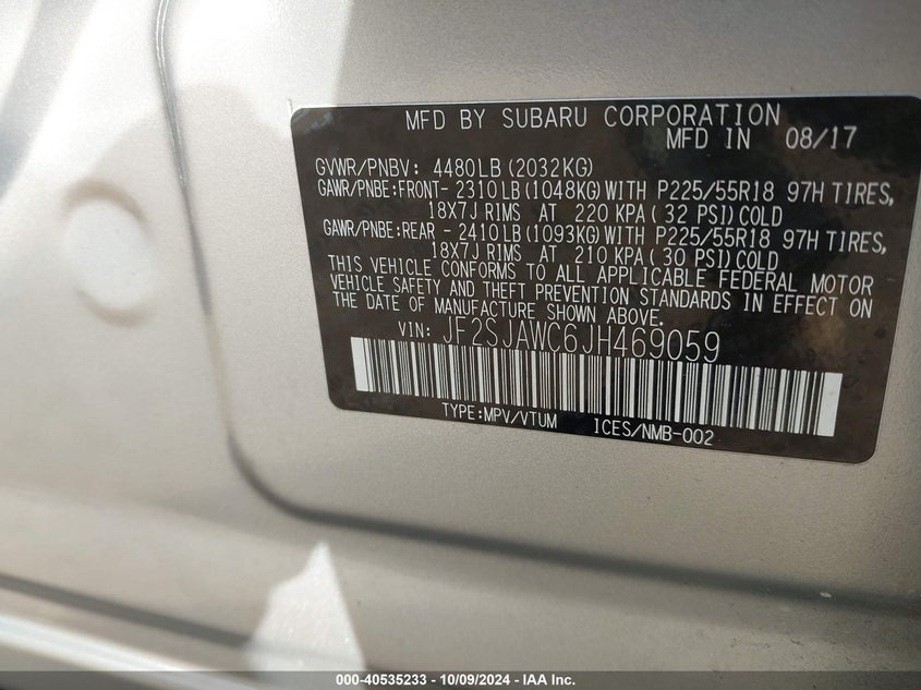 VIN JF2SJAWC6JH469059 2018 SUBARU FORESTER 2.5I TOURING