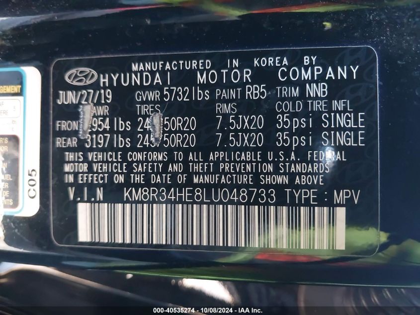 2020 Hyundai Palisade Sel VIN: KM8R34HE8LU048733 Lot: 40535274