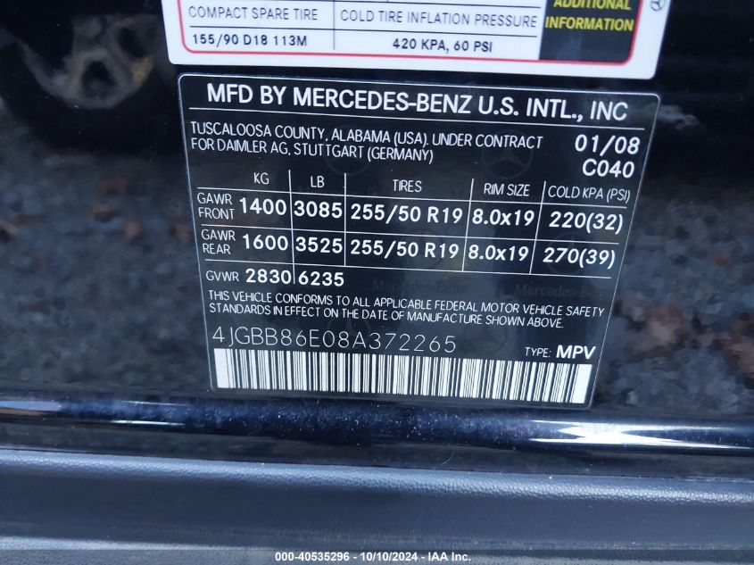 4JGBB86E08A372265 2008 Mercedes-Benz Ml 350 4Matic