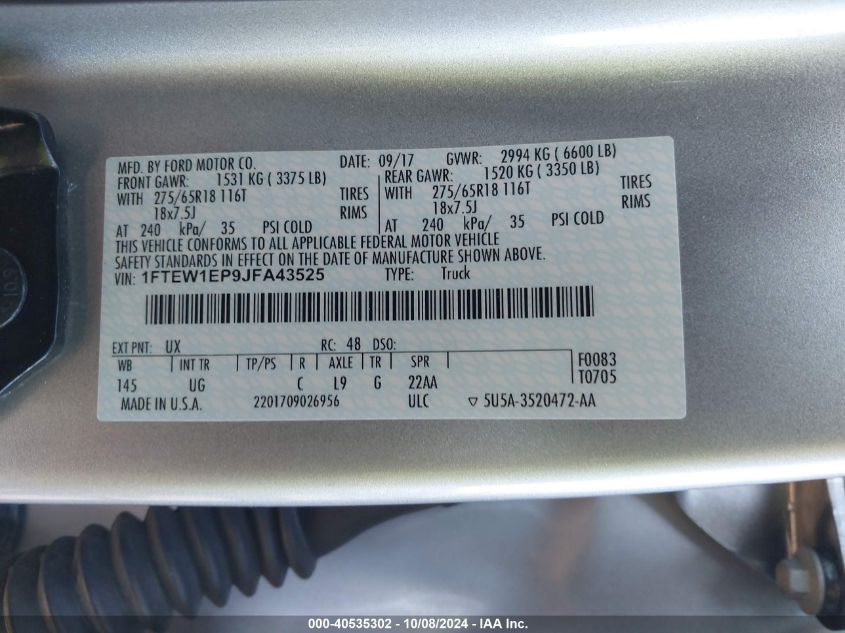 1FTEW1EP9JFA43525 2018 Ford F-150 Supercrew