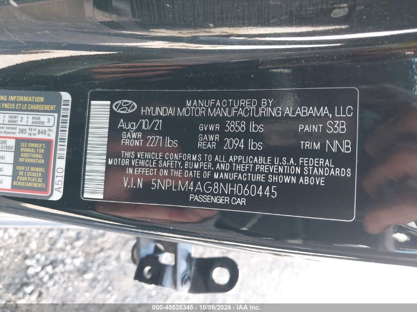 5NPLM4AG8NH060445 2022 Hyundai Elantra Sel