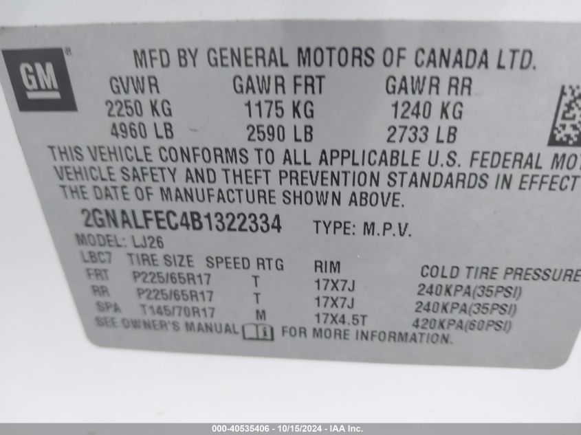 2011 Chevrolet Equinox Ltz VIN: 2GNALFEC4B1322334 Lot: 40535406