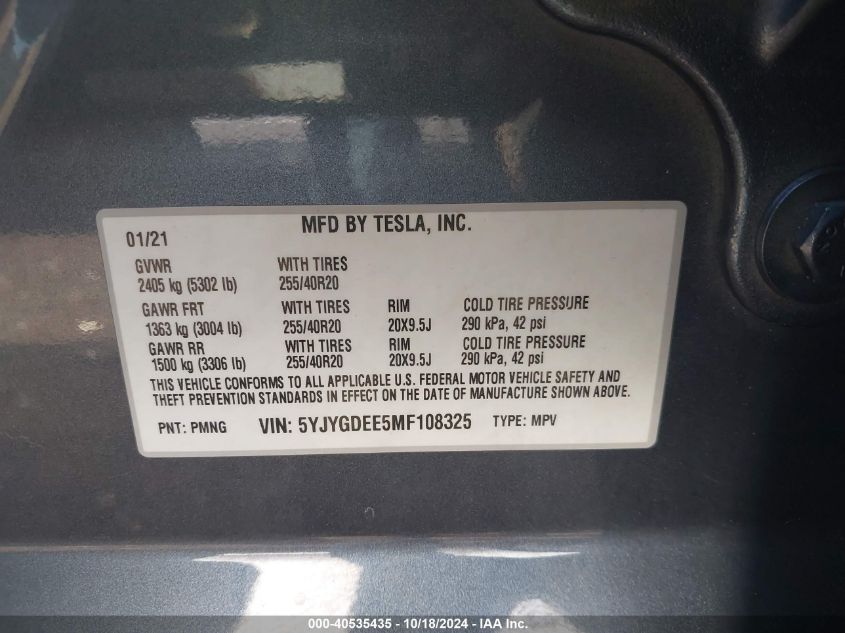 2021 Tesla Model Y Long Range Dual Motor All-Wheel Drive VIN: 5YJYGDEE5MF108325 Lot: 40535435