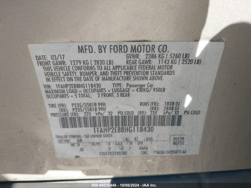 2017 Ford Taurus Sel VIN: 1FAHP2E88HG118430 Lot: 40535448