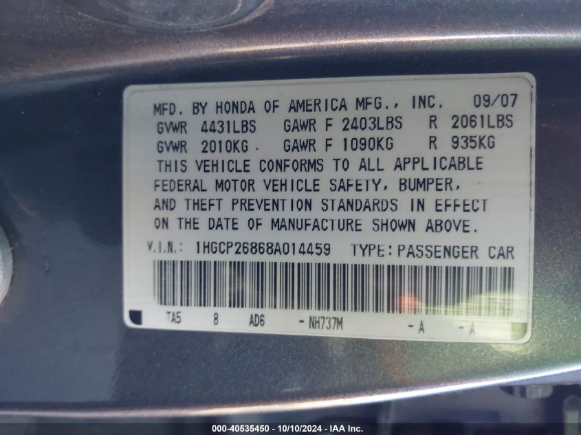 1HGCP26868A014459 2008 Honda Accord 2.4 Ex-L