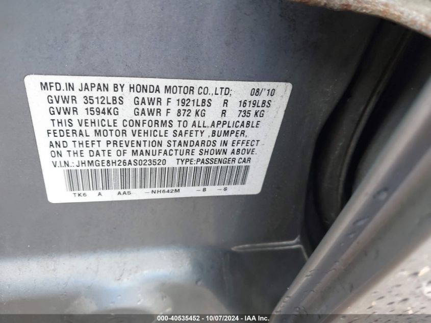 2010 Honda Fit VIN: JHMGE8H26AS023520 Lot: 40535452