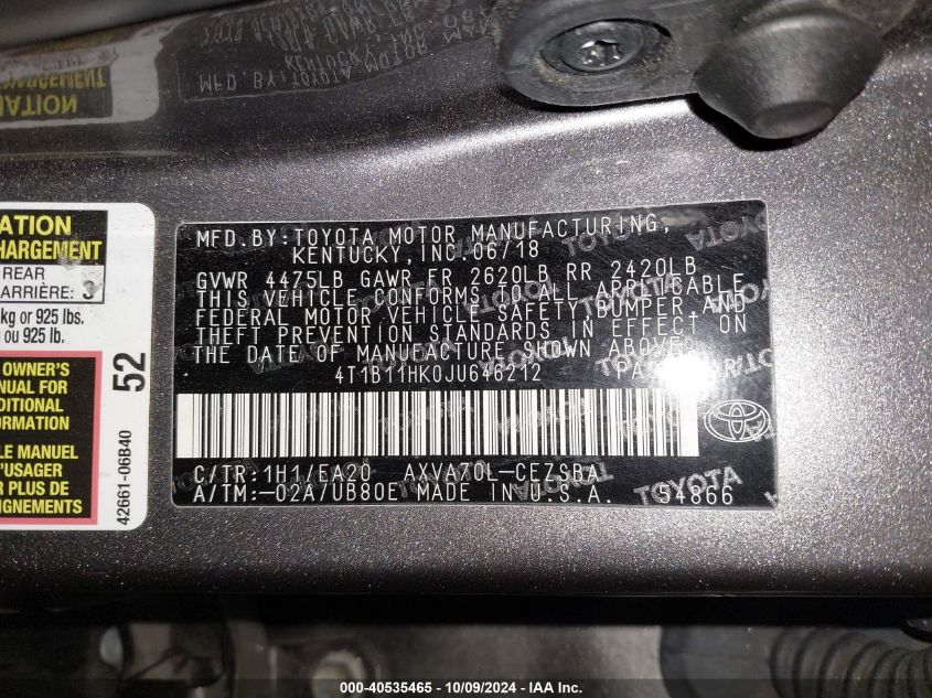 4T1B11HK0JU646212 2018 Toyota Camry Se