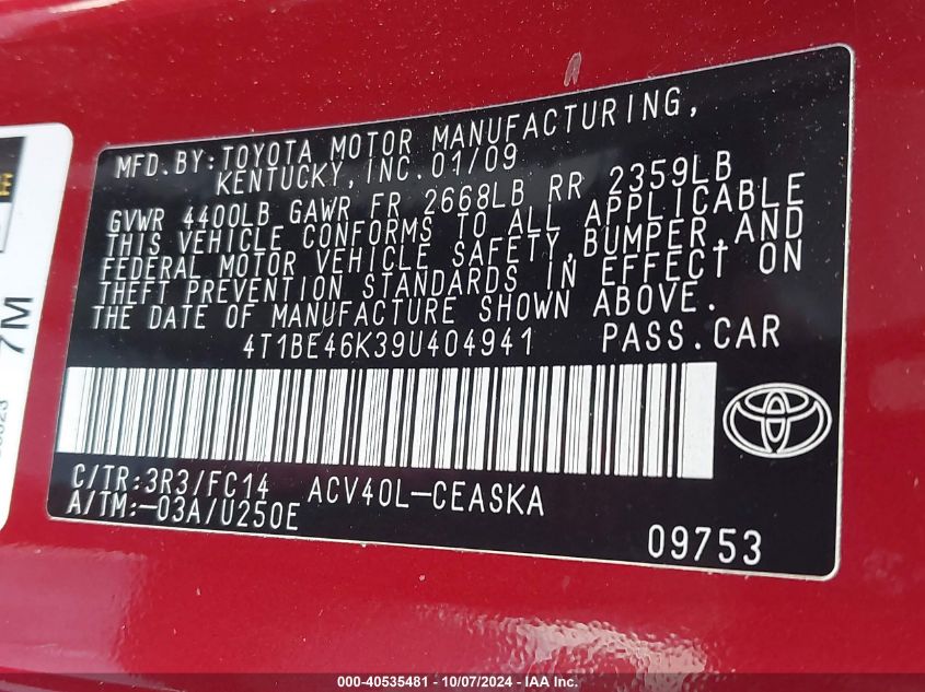 4T1BE46K39U404941 2009 Toyota Camry Se