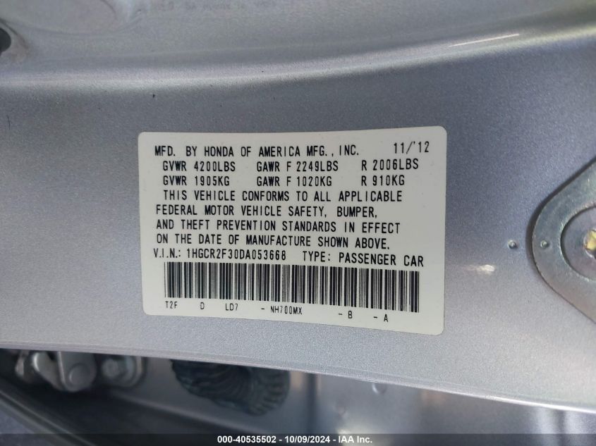 1HGCR2F30DA053668 2013 Honda Accord Lx