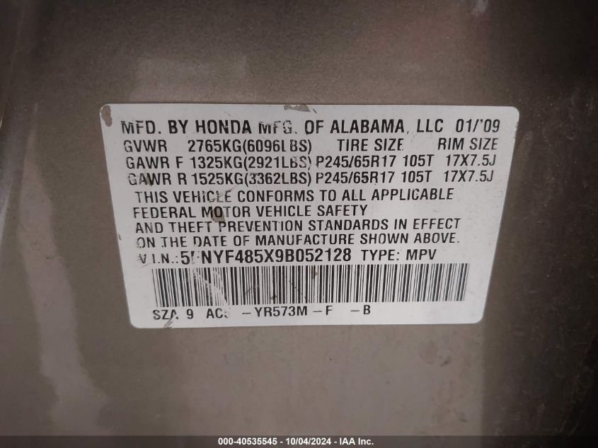 5FNYF485X9B052128 2009 Honda Pilot Ex-L