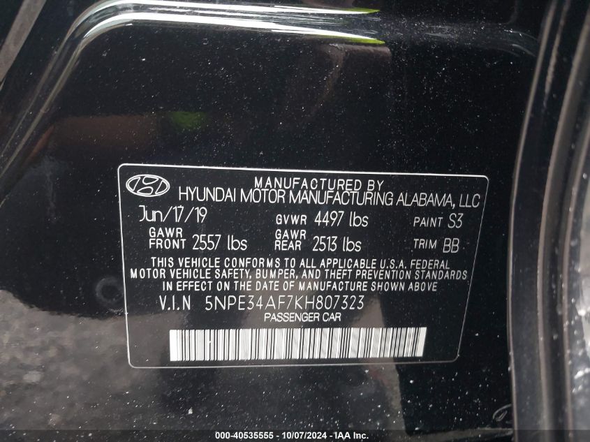 5NPE34AF7KH807323 2019 Hyundai Sonata Sel