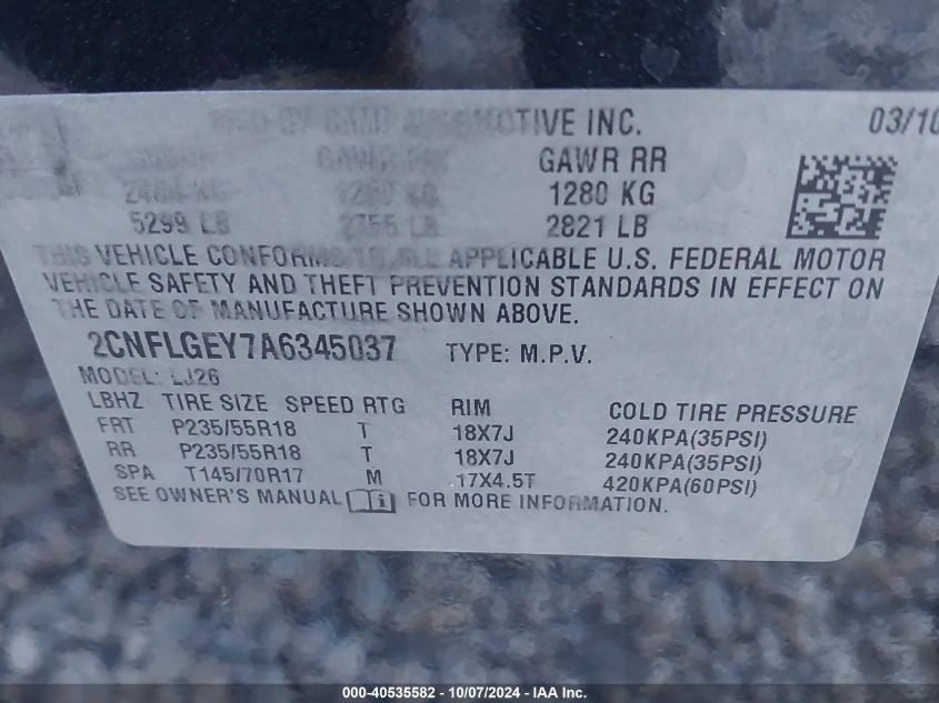 2CNFLGEY7A6345037 2010 Chevrolet Equinox Ltz