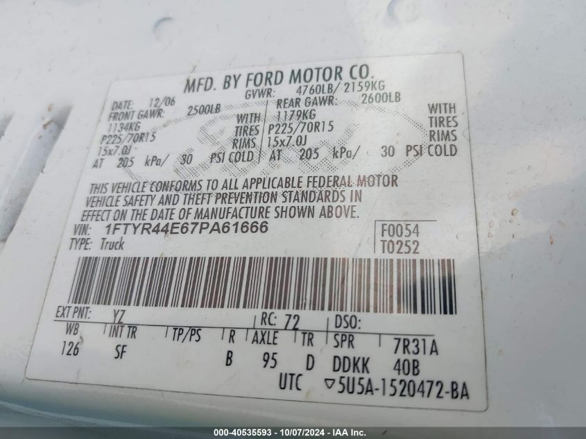 1FTYR44E67PA61666 2007 Ford Ranger Sport/Stx/Xlt