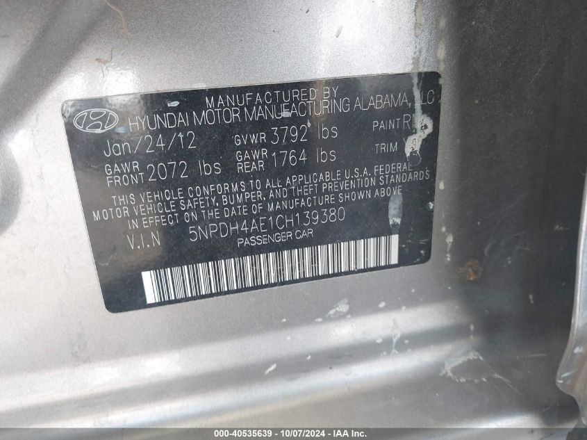 5NPDH4AE1CH139380 2012 Hyundai Elantra Gls