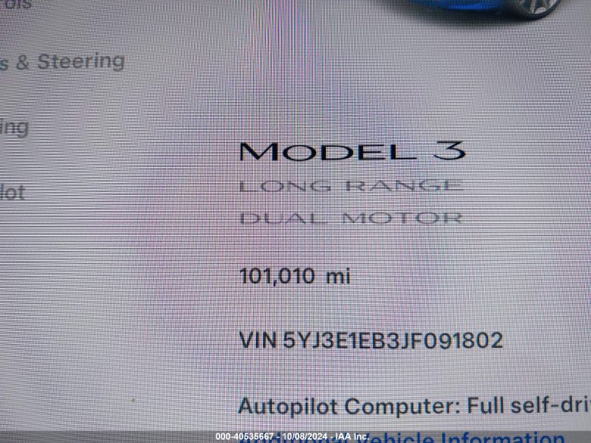 2018 Tesla Model 3 VIN: 5YJ3E1EB3JF091802 Lot: 40535667