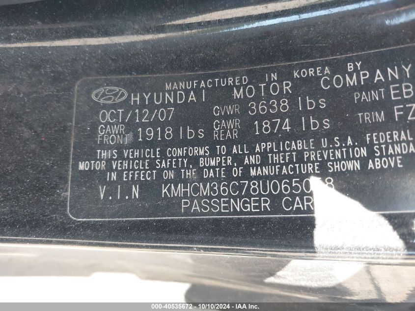 KMHCM36C78U065058 2008 Hyundai Accent Gs