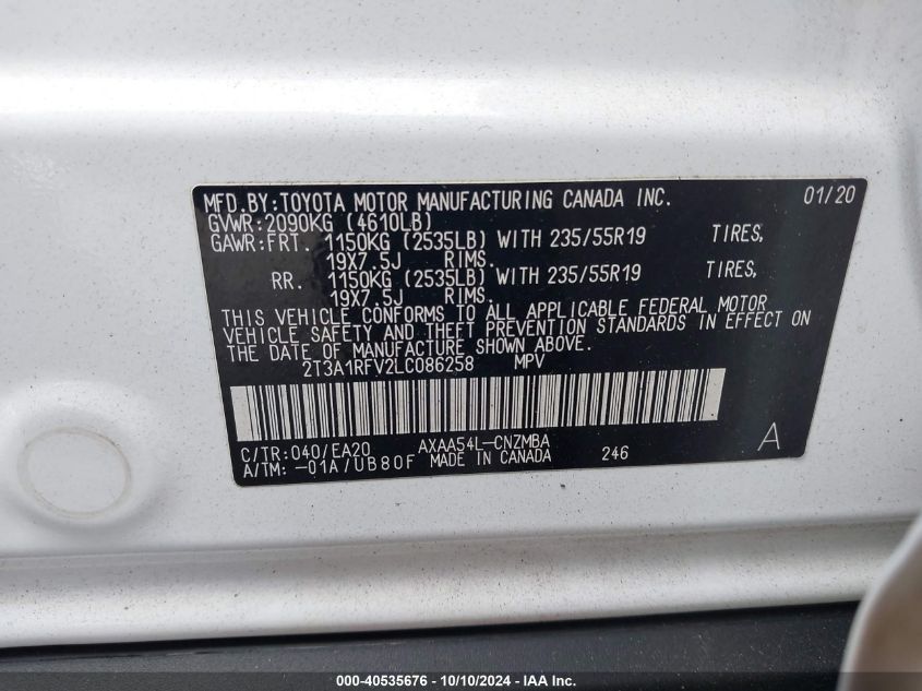 2020 Toyota Rav4 Xle Premium VIN: 2T3A1RFV2LC086258 Lot: 40535676