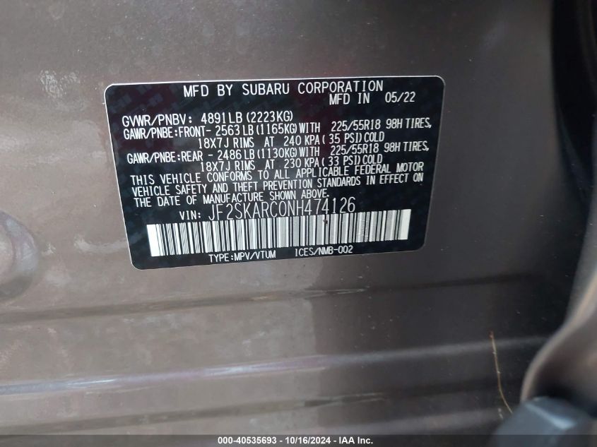 2022 Subaru Forester Touring VIN: JF2SKARC0NH474126 Lot: 40535693