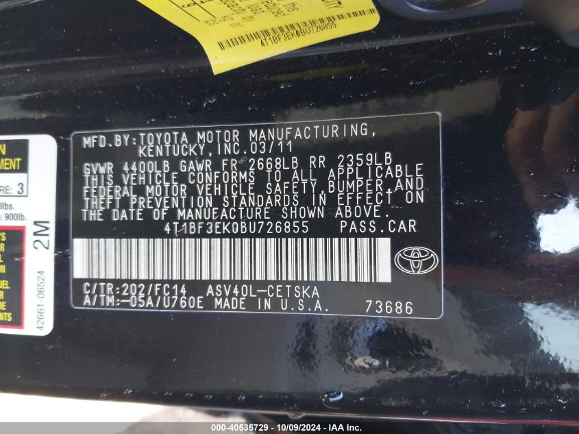 4T1BF3EK0BU726855 2011 Toyota Camry Se