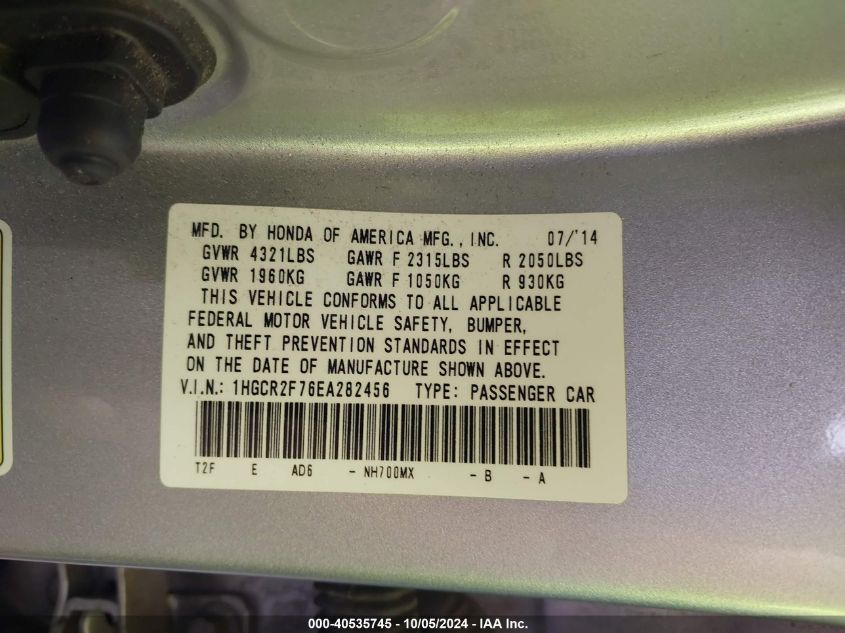 1HGCR2F76EA282456 2014 Honda Accord Ex