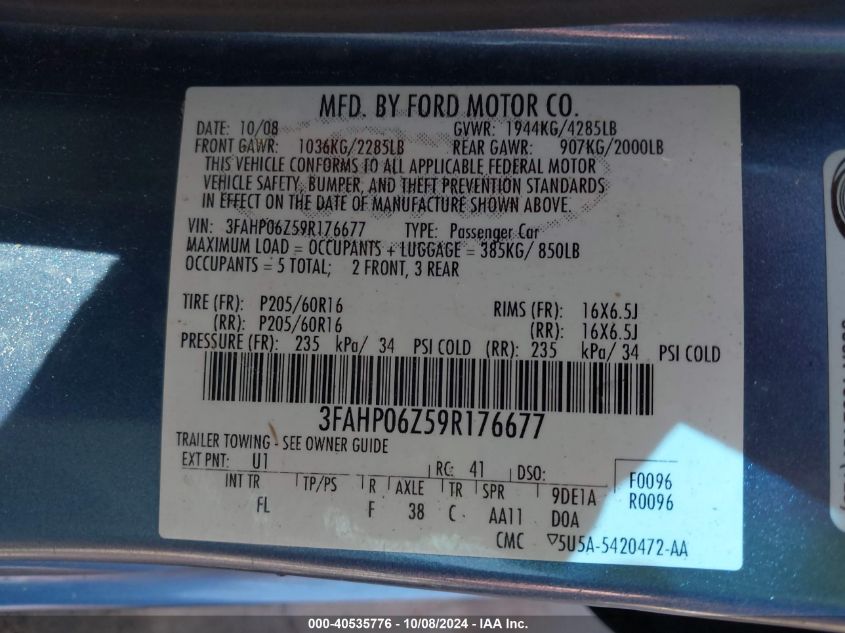 2009 Ford Fusion S VIN: 3FAHP06Z59R176677 Lot: 40535776