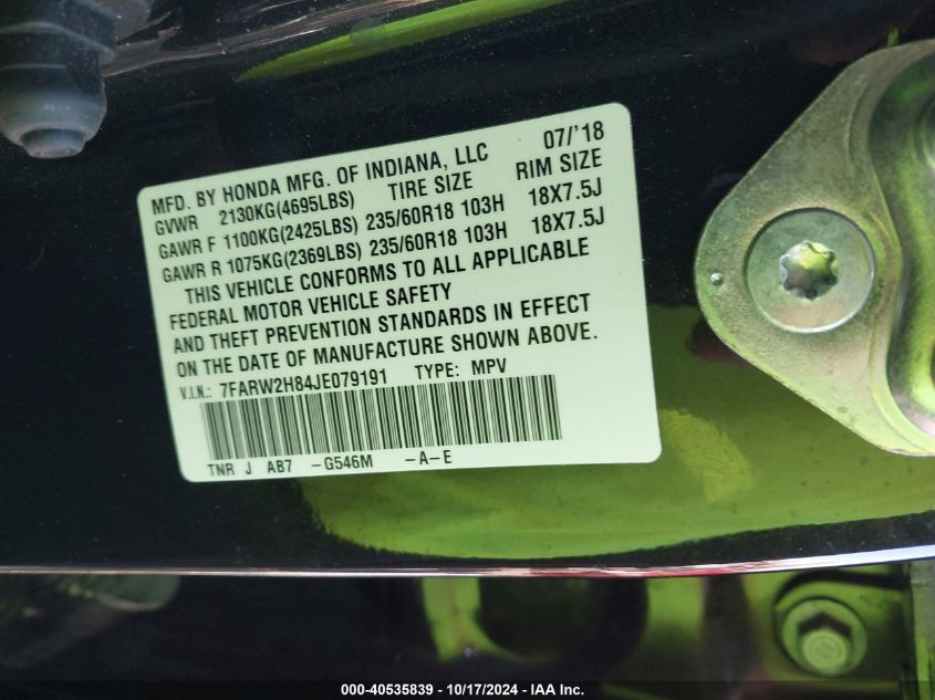 2018 Honda Cr-V Ex-L/Ex-L Navi VIN: 7FARW2H84JE079191 Lot: 40535839