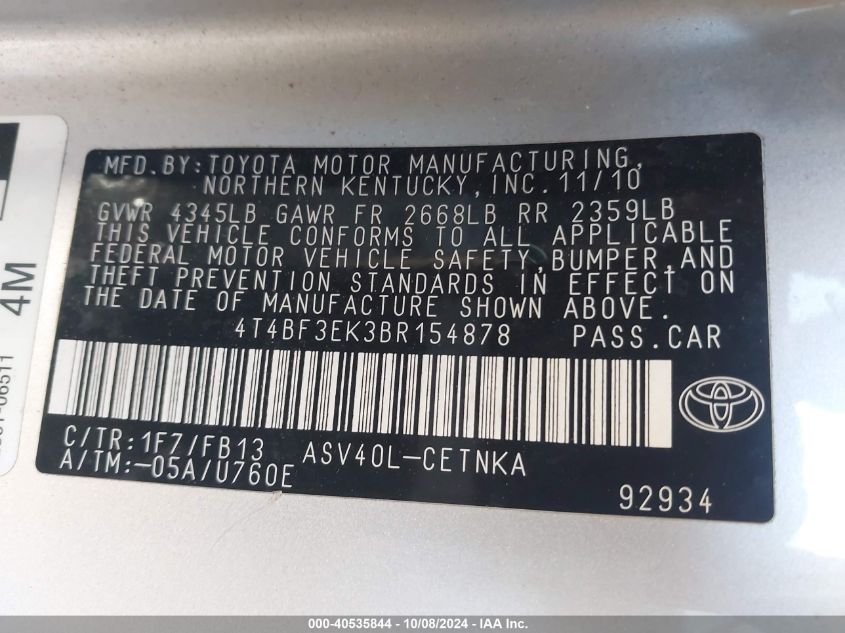 4T4BF3EK3BR154878 2011 Toyota Camry Se/Le/Xle