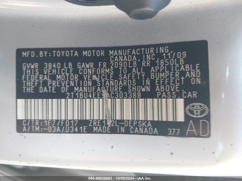 2T1BU4EE9AC303388 2010 Toyota Corolla S