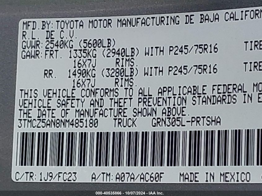 3TMCZ5AN8NM485180 2022 Toyota Tacoma Sr5 V6