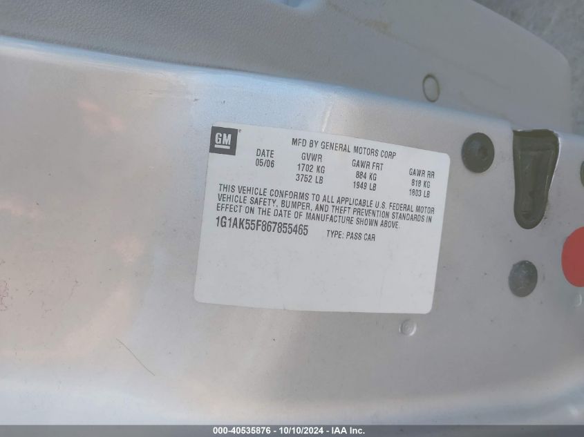 1G1AK55F867855465 2006 Chevrolet Cobalt Ls