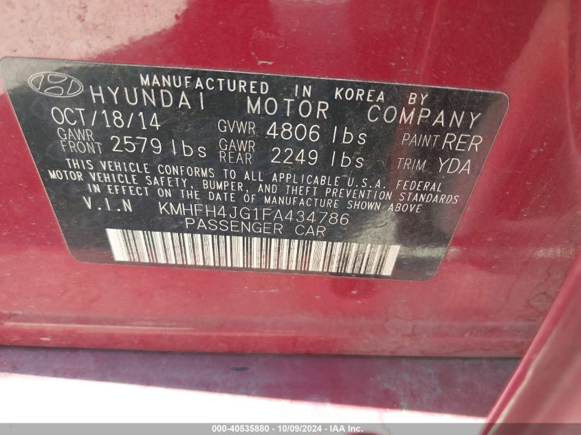 2015 Hyundai Azera VIN: KMHFH4JG1FA434786 Lot: 40535880