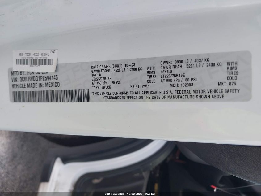 2023 Ram Promaster 2500 High Roof 159 Wb VIN: 3C6LRVDG1PE594145 Lot: 40535885