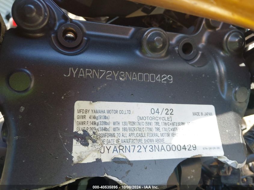 JYARN72Y3NA000429 2022 Yamaha Mt09 Dc