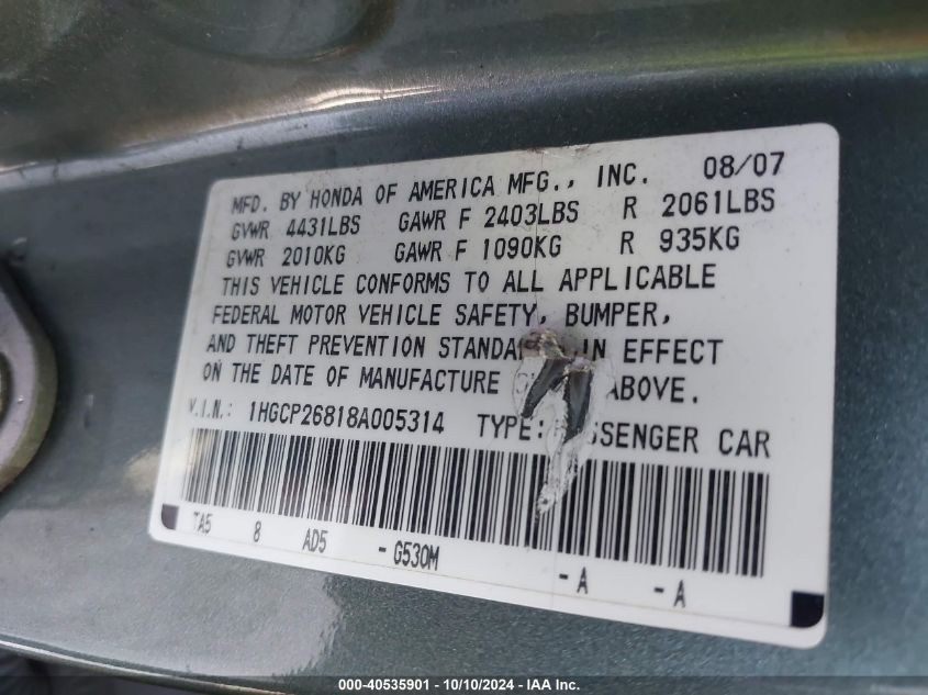 1HGCP26818A005314 2008 Honda Accord 2.4 Ex-L