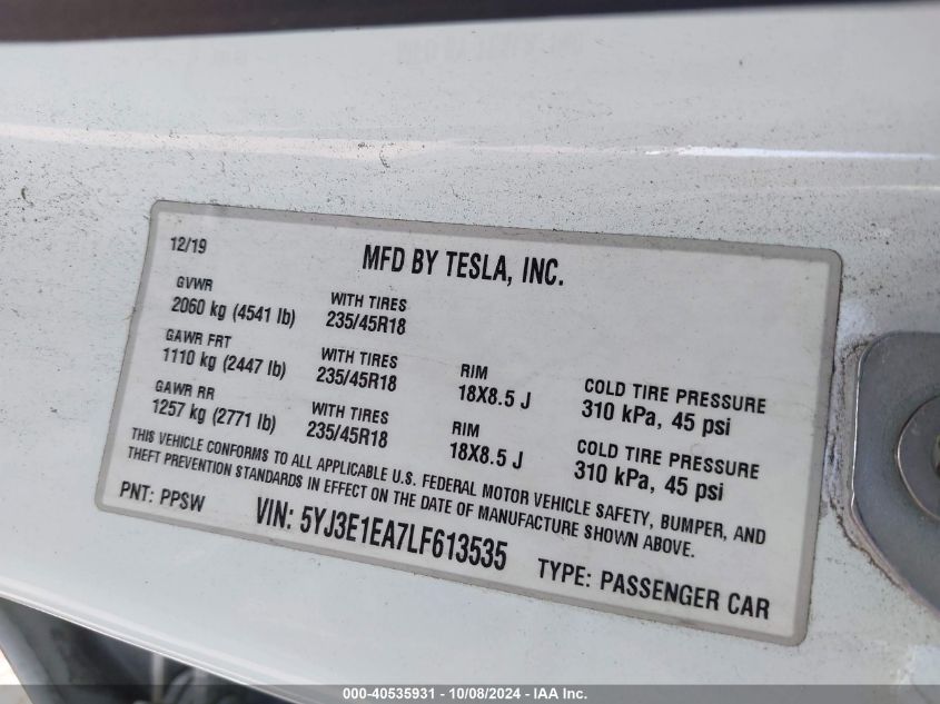 2020 TESLA MODEL 3 STANDARD RANGE PLUS REAR-WHEEL DRIVE/STANDARD RANGE REAR-WHEEL DRIVE - 5YJ3E1EA7LF613535