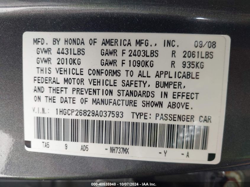 1HGCP26829A037593 2009 Honda Accord 2.4 Ex-L