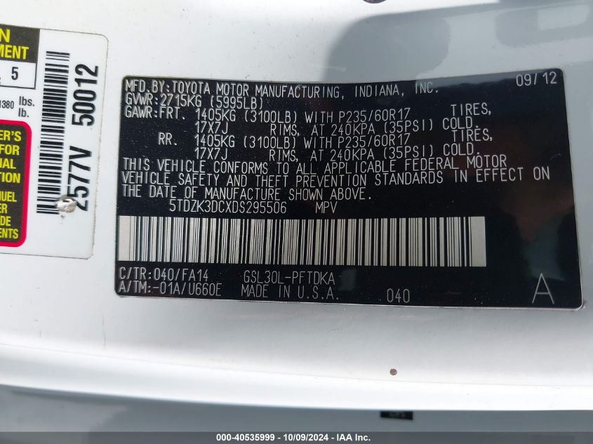 5TDZK3DCXDS295506 2013 Toyota Sienna L V6 7 Passenger