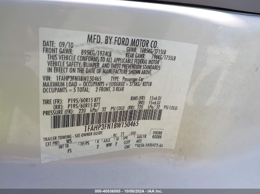 1FAHP3FN1BW150465 2011 Ford Focus Se