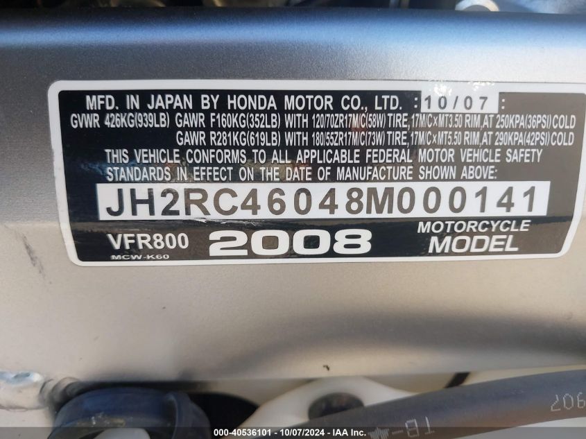 2008 Honda Vfr800 VIN: JH2RC46048M000141 Lot: 40536101