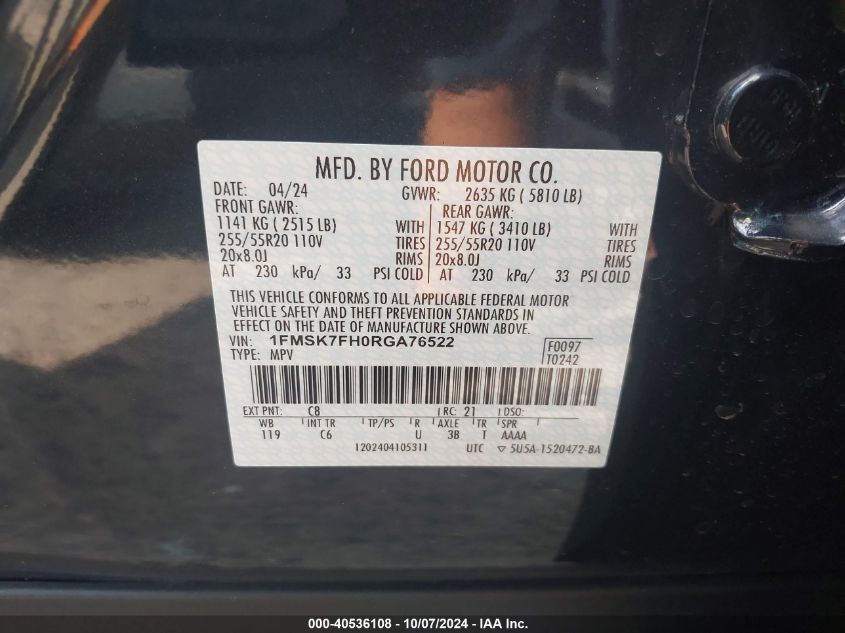 2024 Ford Explorer Limited VIN: 1FMSK7FH0RGA76522 Lot: 40536108