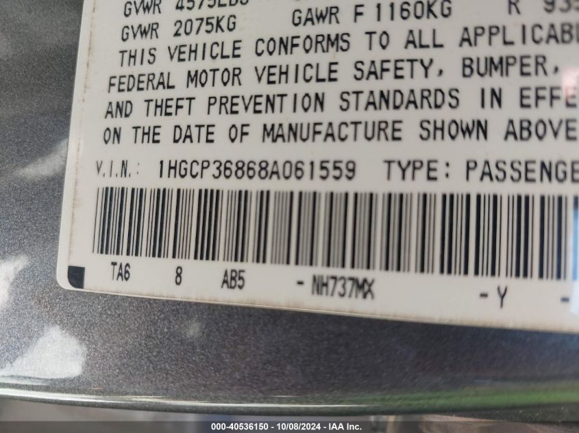 1HGCP36868A061559 2008 Honda Accord Exl