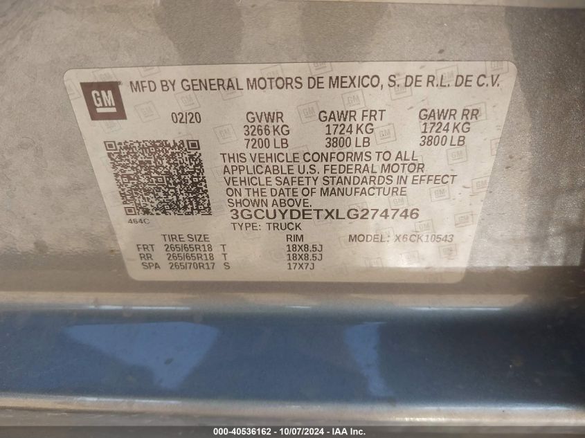 2020 CHEVROLET SILVERADO 1500 4WD  SHORT BED LT - 3GCUYDETXLG274746