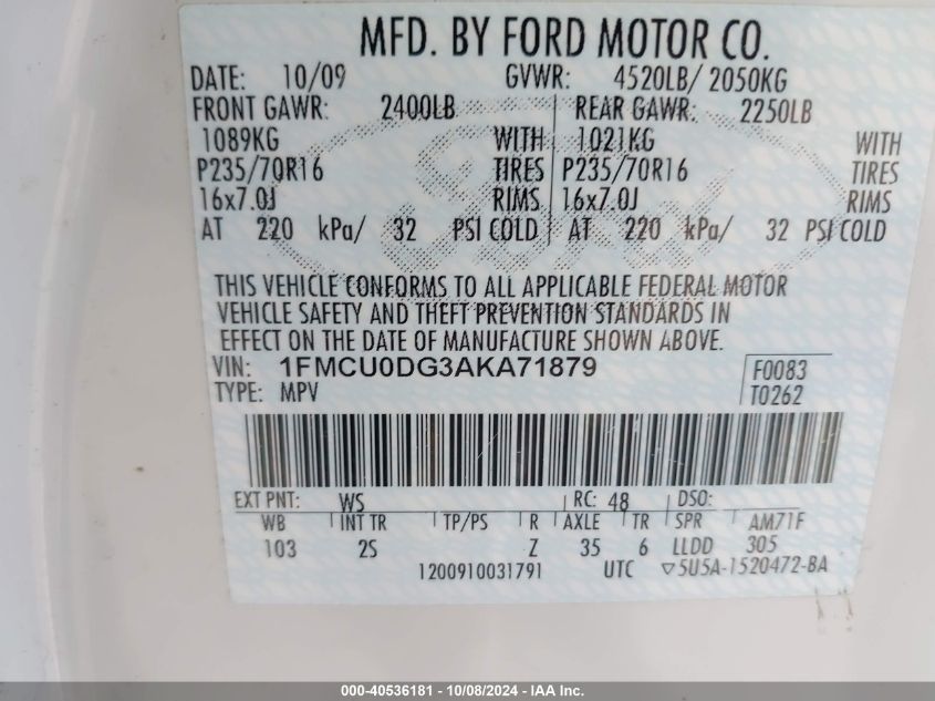 1FMCU0DG3AKA71879 2010 Ford Escape Xlt