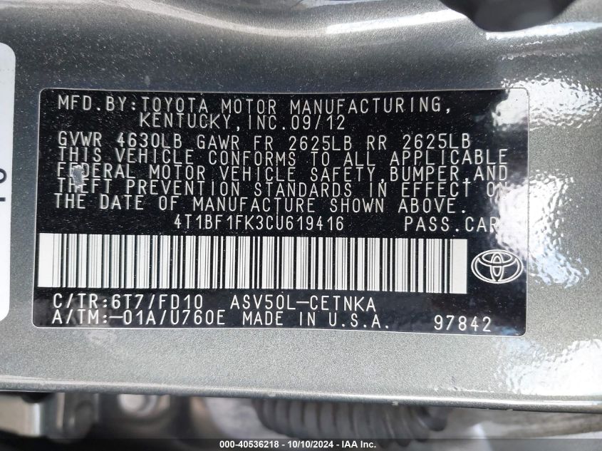 4T1BF1FK3CU619416 2012 Toyota Camry Le