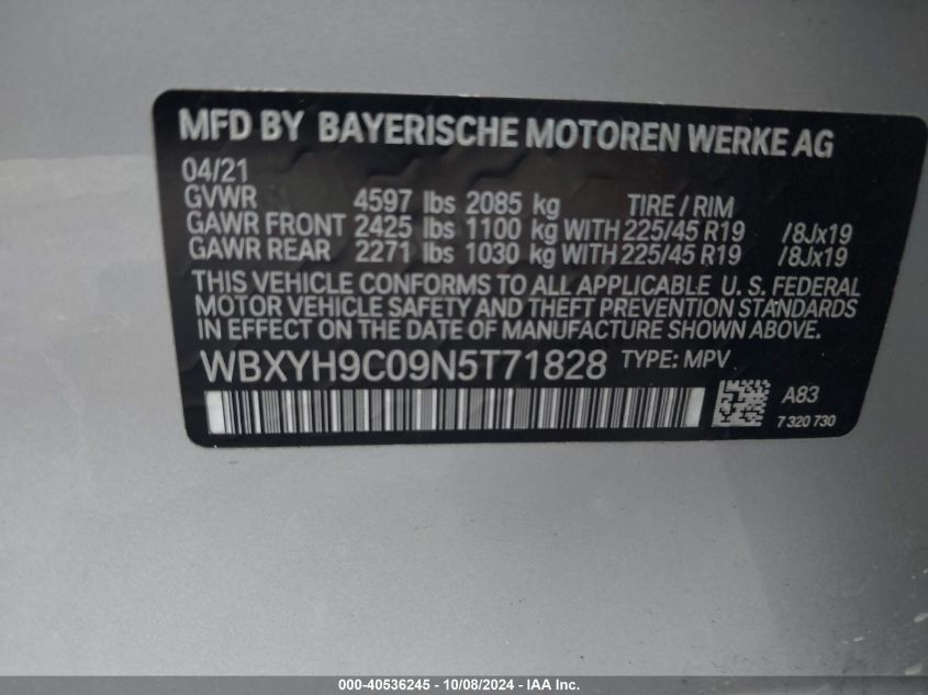 2022 BMW X2 Sdrive28I VIN: WBXYH9C09N5T71828 Lot: 40536245