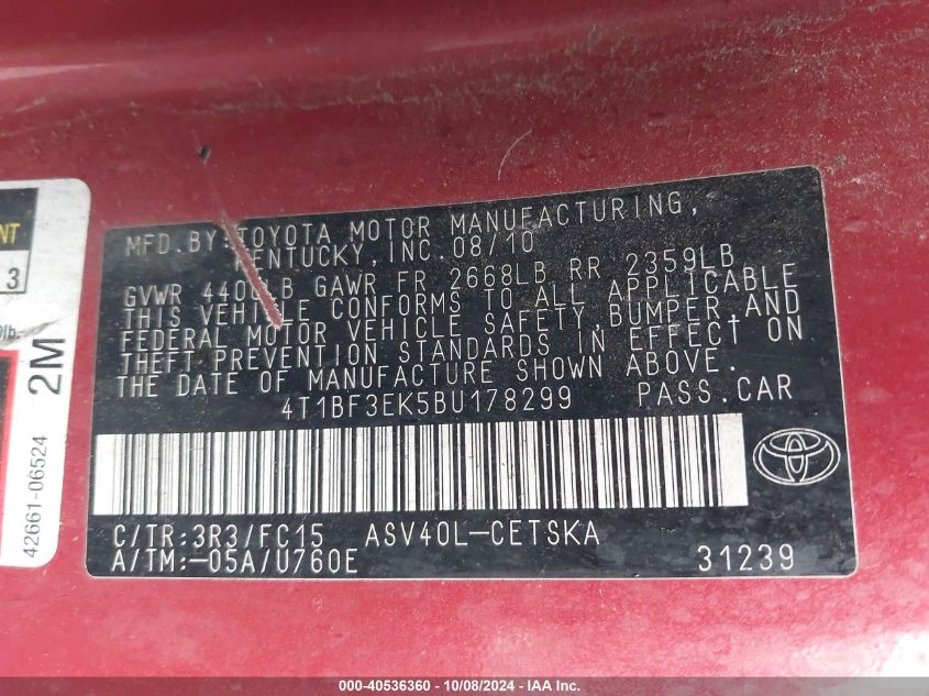 4T1BF3EK5BU178299 2011 Toyota Camry Se/Le/Xle